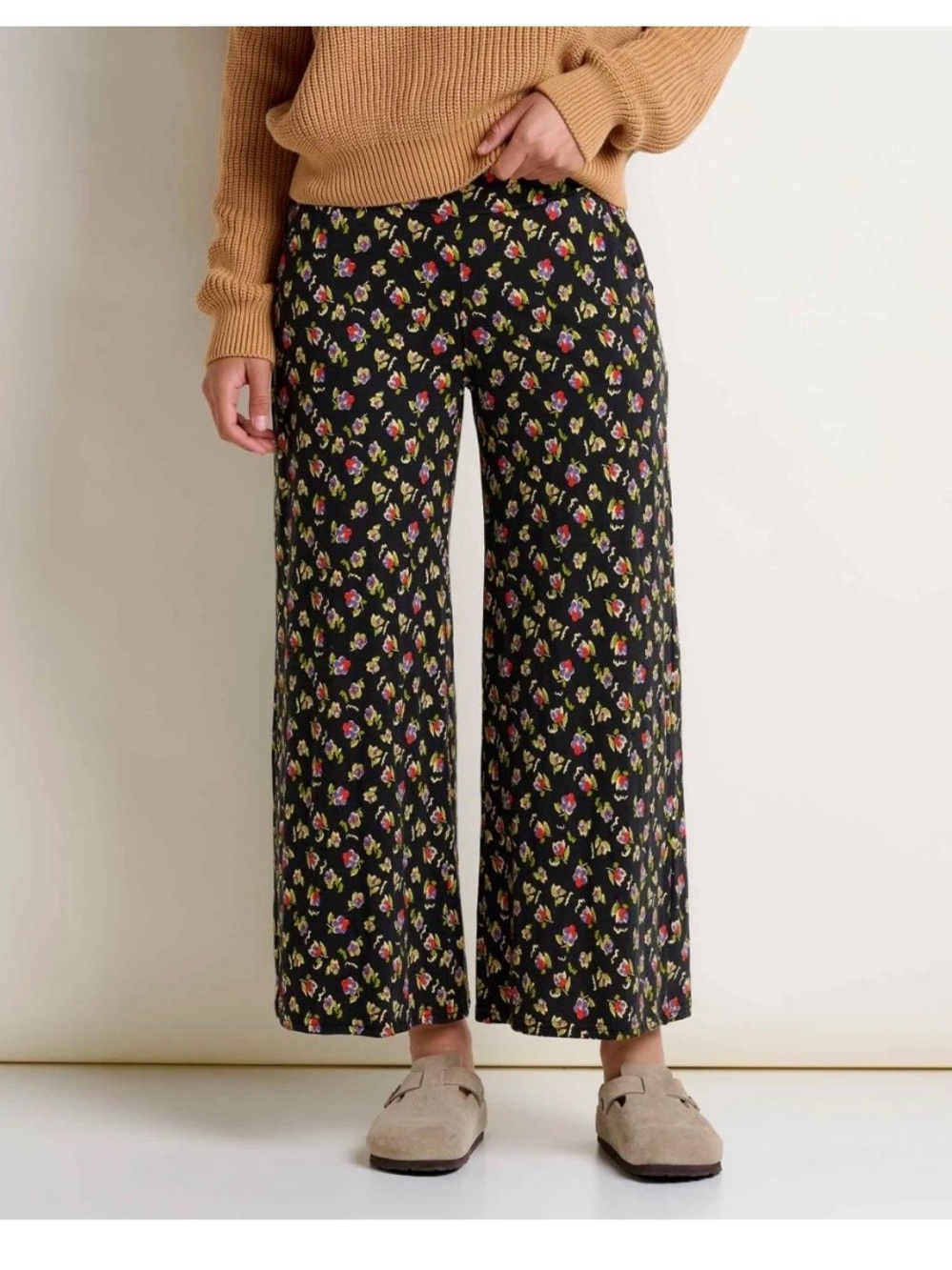 Toad & Co Chaka Wide Leg Pants Black Pansy Floral Size S